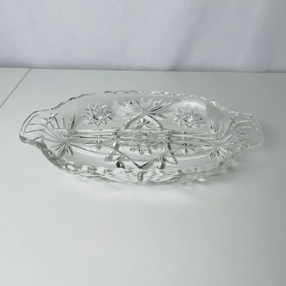 Vtg Anchor Hocking Glass Oval Divided Relish Dish Star of David Tablescape Decor